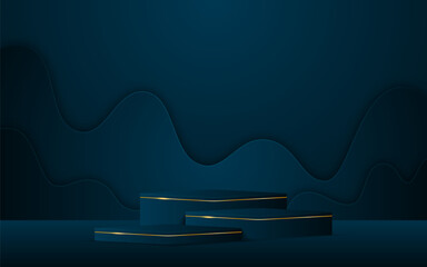 Blue podium with blue Paper cut on the back for product presentation. Display of cosmetic products. Stage or podium. vector illustration	