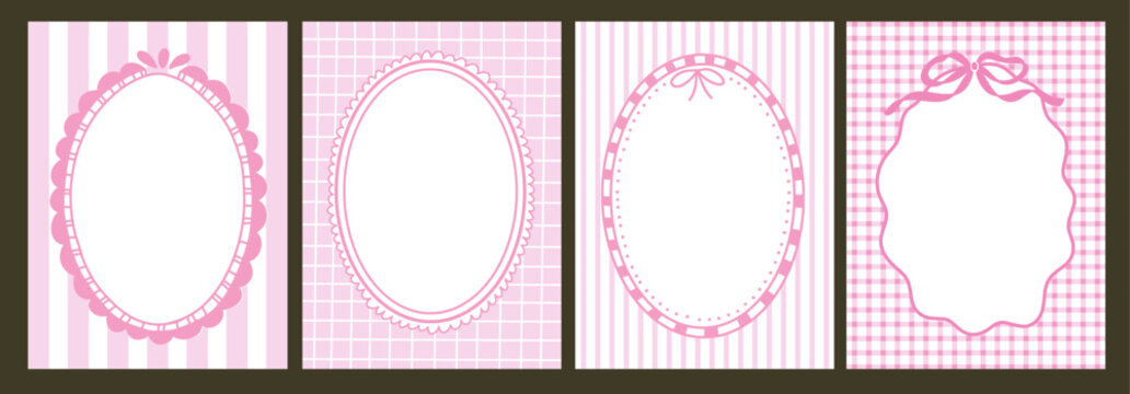 Romantic coquette ribbon frame on striped background. Wedding curly border collection in vintage coquette style. Great for wedding, card, invite