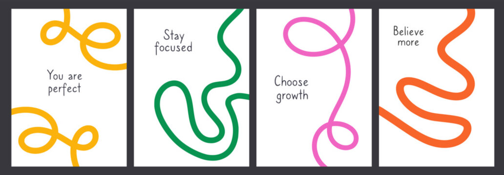 Abstract playful minimalistic background with wavy line. Poster with organic curvy curly stripe with motivate quote. Wave line art