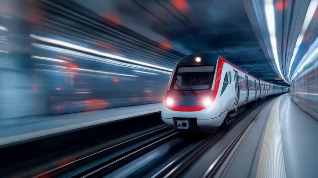 Highspeed train traveling through a futuristic tunnel with dynamic motion blur effect
