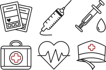 Flat line style medical icon pack with hospital and health tools. Outline vector design of healthcare items and medicine symbols. Minimal medical element set including syringe stethoscope and pills