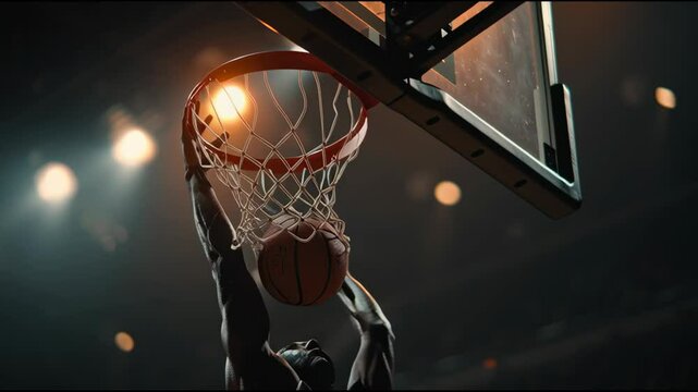 In a thrilling moment during a national basketball game, a player soars towards the hoop and executes an impressive slam dunk. The crowd erupts in excitement as lights flicker above