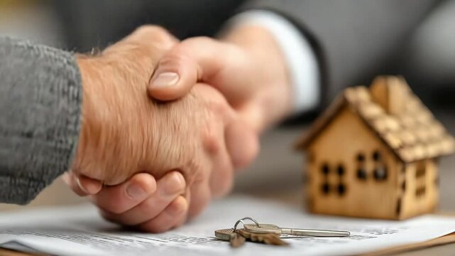Handshake sealing real estate deal with house key and documents in background
