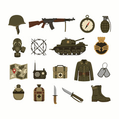 Set of object world war . military, gun, tank Illustrations of object. isolated object flat style 2D