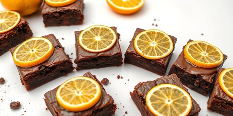 Fudgy homemade brownies topped with zesty citrus segments, on a pristine white background,  lime,   gastronomy