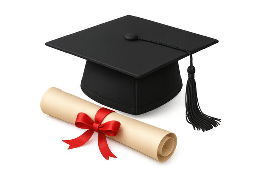 Graduation celebration featuring black graduation cap, diploma scroll bound with red ribbon, symbolizing educational achievement on clear backdrop