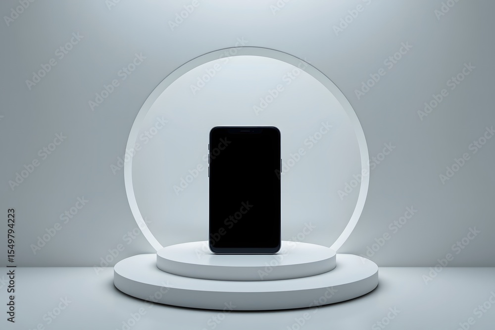 Poster smart technology display: sleek modern smartphone stands on a pedestal, illuminated by soft light in