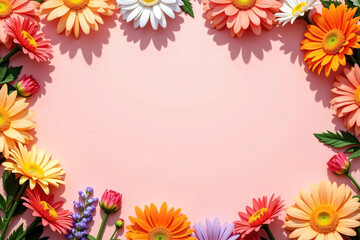 Obraz premium Colorful flower border with dahlia and chrysanthemum blossoms on soft pink background, arranged for advertisement layout with central copy space, ideal for beauty, wedding, or spring product branding