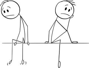 Two sad men or person sitting, vector cartoon stick figure or character illustration.