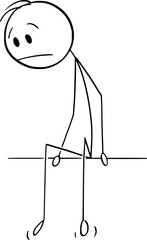 Sad or frustrated person sitting and looking down, vector cartoon stick figure or character illustration.