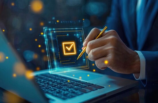 Businessperson signs digital checkmark on laptop