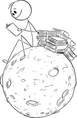 Person enjoying reading book undisturbed on small calm planet , vector cartoon stick figure or character illustration.
