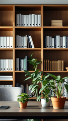 A zoom background photo of a minimalist modern office with a bookshelf and plants vertical