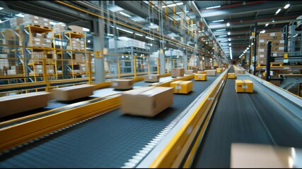 Transporting packages quickly through an advanced logistics warehouse showcases streamlined operations and automated systems. The facility emphasizes productivity and efficiency in delivery - Powered by Adobe