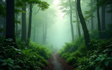 Lush green rainforest forest floor, misty light, nature backdrop, perfect for environmental themes. High quality
