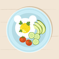 Delicious and healthy breakfast. Fried egg with vegetables and with greens. Vector illustration appetizing breakfast. Healthy and proper nutrition.