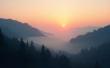 Misty mountain forest sunrise; peaceful nature scene; ideal for travel, nature, or serenity themes. High quality