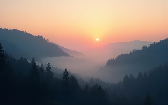 Misty mountain forest sunrise; peaceful nature scene; ideal for travel, nature, or serenity themes. High quality
