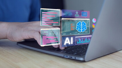 close-up of hands typing on a laptop with a virtual AI assistant, chatbot interface, and code overlay, representing artificial intelligence, automation, and smart digital support systems.