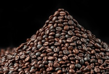 A towering mound of dark roasted coffee beans,  crop,  heap