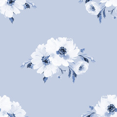 Seamless Pattern with Indigo Watercolor Flowers and Leaves