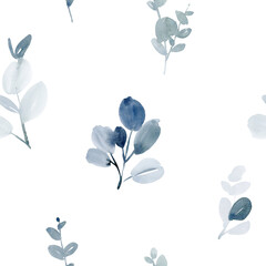 Frosted Watercolor Eucalyptus Leaf Pattern in Dusty Blue and Sage