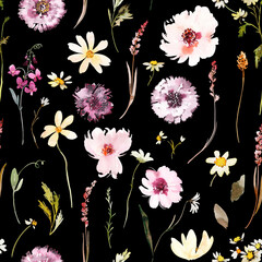 Delicate Wildflower Watercolor Seamless Pattern with Botanical Elements