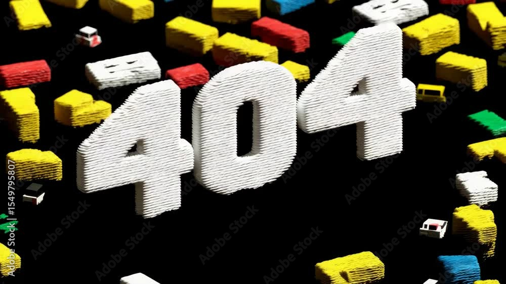 Poster colorful 404 animation with dynamic building blocks transitioning across frames