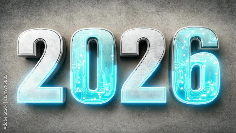 Poster futuristic countdown with digital glow effect on metallic numbers for 2026