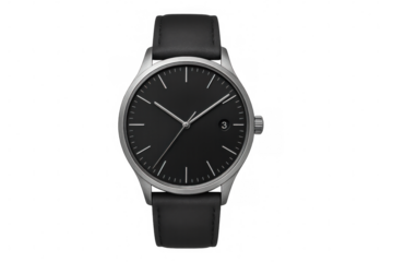 Minimalist wristwatch with sleek black dial, silver case, black leather band, positioned against transparent backdrop