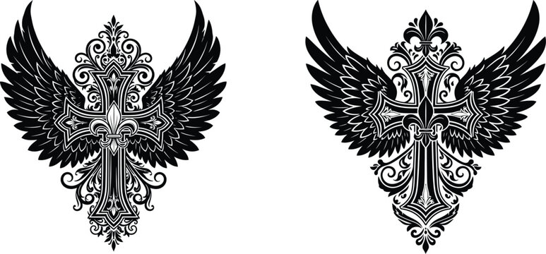Detailed Christian Cross with Wings Ornate Design Elements for Print and Digital Projects
