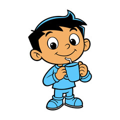 outline vector illustration of a cute boy drinking