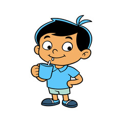 outline vector illustration of a cute boy drinking