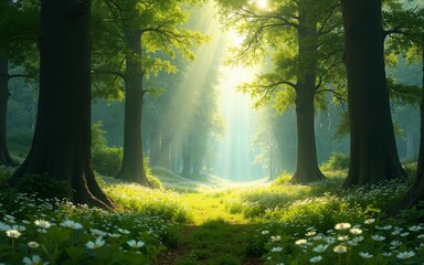 A nature background showcasing a dense forest with towering trees, dappled sunlight filtering through the leaves, and a carpet of wildflowers, capturing the essence of untouched natural beauty,