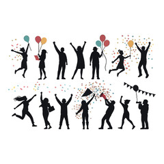 Crowd Celebration Silhouettes: Cheerful crowd silhouettes reveling with balloons and confetti in an exuberant display of joyous celebration