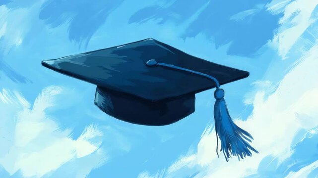 Floating graduation cap with tassel against a vibrant sky background