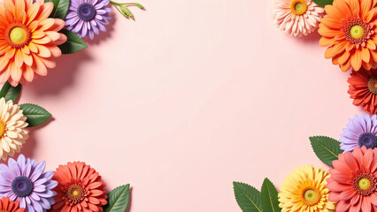 Obraz premium Colorful flower border with dahlia and chrysanthemum blossoms on soft pink background, arranged for advertisement layout with central copy space, ideal for beauty, wedding, or spring product branding