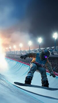 Snowboarder carving a perfect turn in the halfpipe at sunset, showcasing skill and action.
