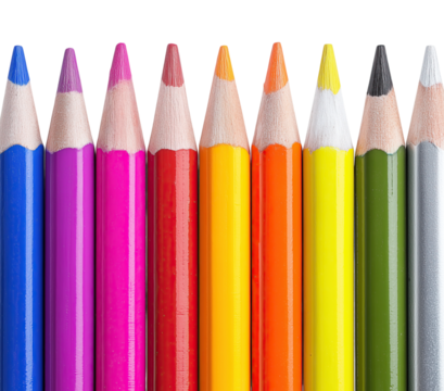 Colorful pencil crayons stand together isolated on png transparent background
