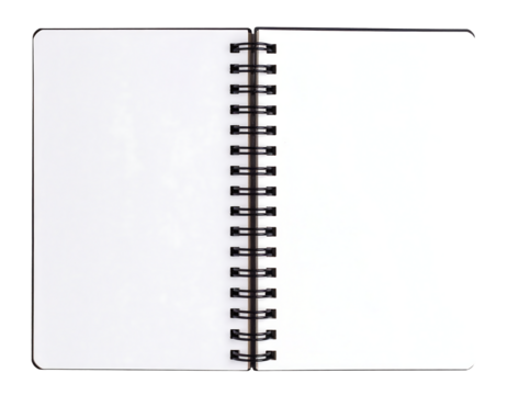 Open spiral notebook on white background