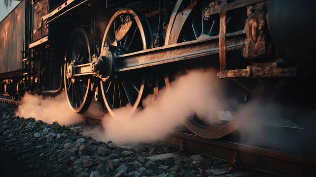 Vintage steam train wheels in dynamic motion with emerging steam clouds