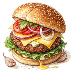 Illustrate a plate with a juicy cheeseburger and crispy golden fries. The burger should have layers of cheese, lettuce, tomatoes, and pickles, with transparent background