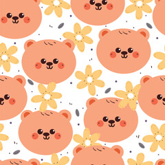 cute hand drawing cartoon bear with yellow flowers seamless pattern. cute animal pattern in white background for gift warp paper and wallpaper