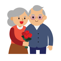 wedding couple with heart, old man and woman standing with flower icon isolated on white background