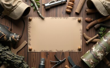 The hunting background design of camouflage equipment features natural earthy tones and textured camouflage patterns. A very suitable invitation for outdoor themed activities. High quality