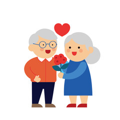 old man and woman with heart icon isolated on white background