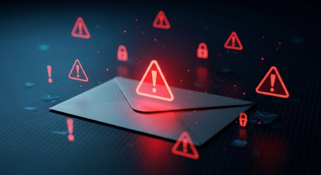 Red warning icon floating above an email envelope on a dark digital background