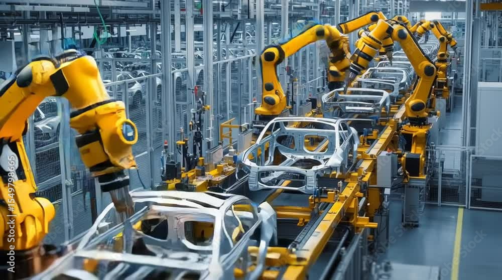 Poster car bodies move along automated assembly line with robotic arms in a car factory.