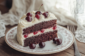 Black Forest Cake Slice on Porcelain Plate with Cozy German Charm