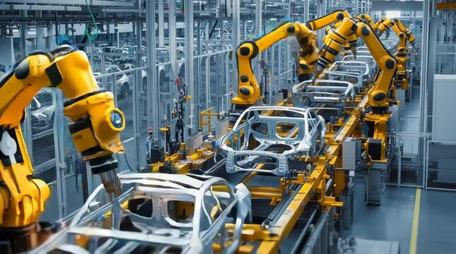 Car bodies move along automated assembly line with robotic arms in a car factory.